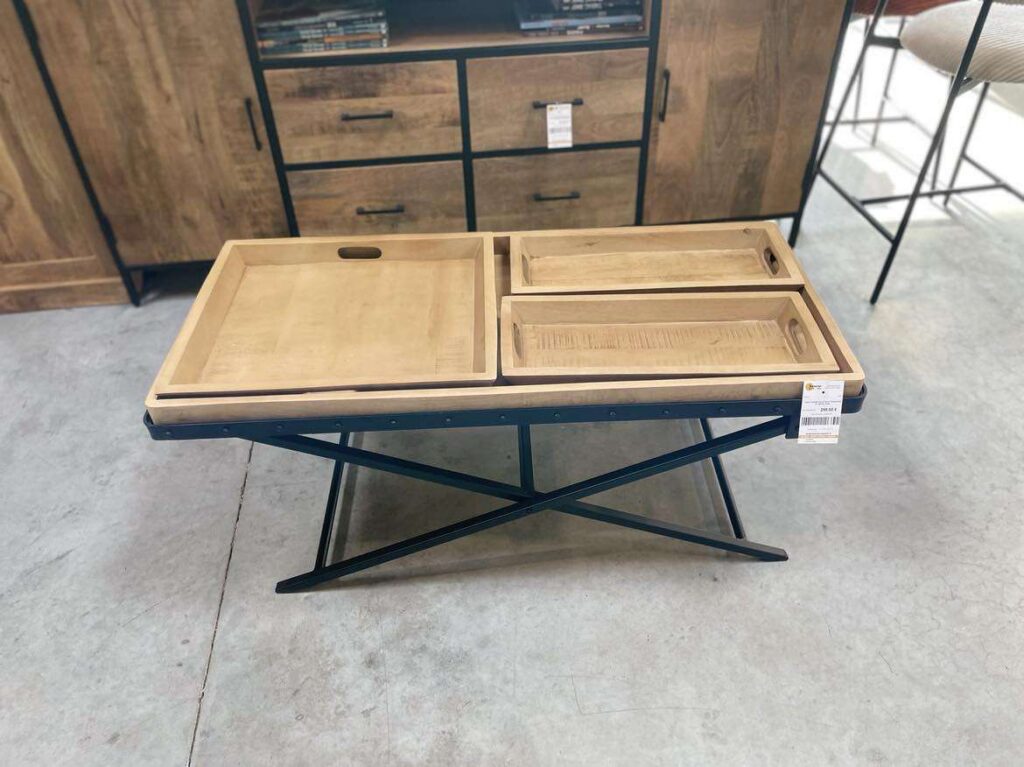 TABLE BASSE 3 PLATEAUX MANGUIER ET MÉTAL NOIR