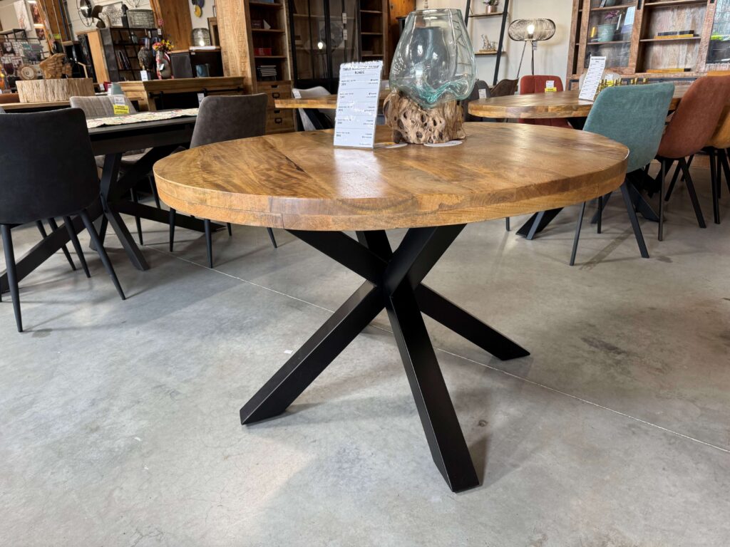 TABLE RONDE MANGUIER MASSIF - PIED METAL NOIR ARAIGNÉE DIAM.100CM