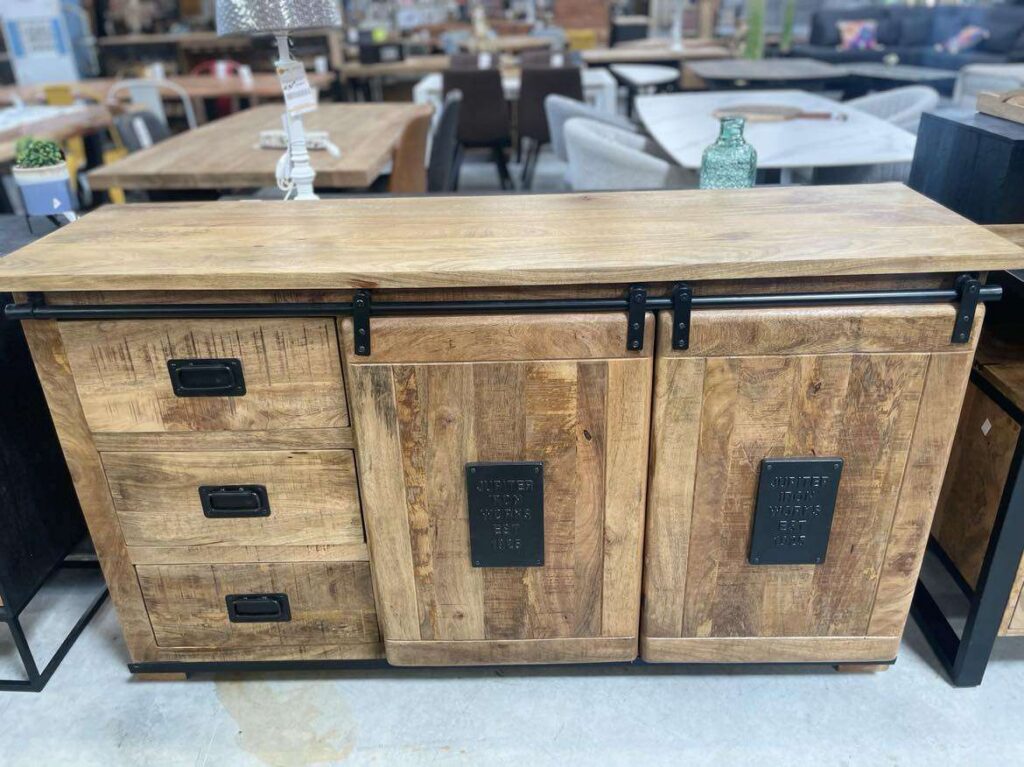 BAHUT L.160CM LOCO MANGUIER MASSIF ET MÉTAL NOIR 2 PTES + 3 TIROIRS