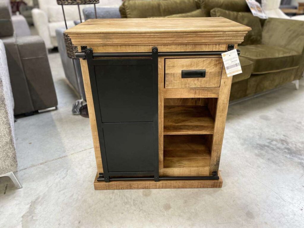 MEUBLE D'APPOINT 1 PORTE + ETAGÈRES MANGUIER MASSIF ET MÉTAL NOIR