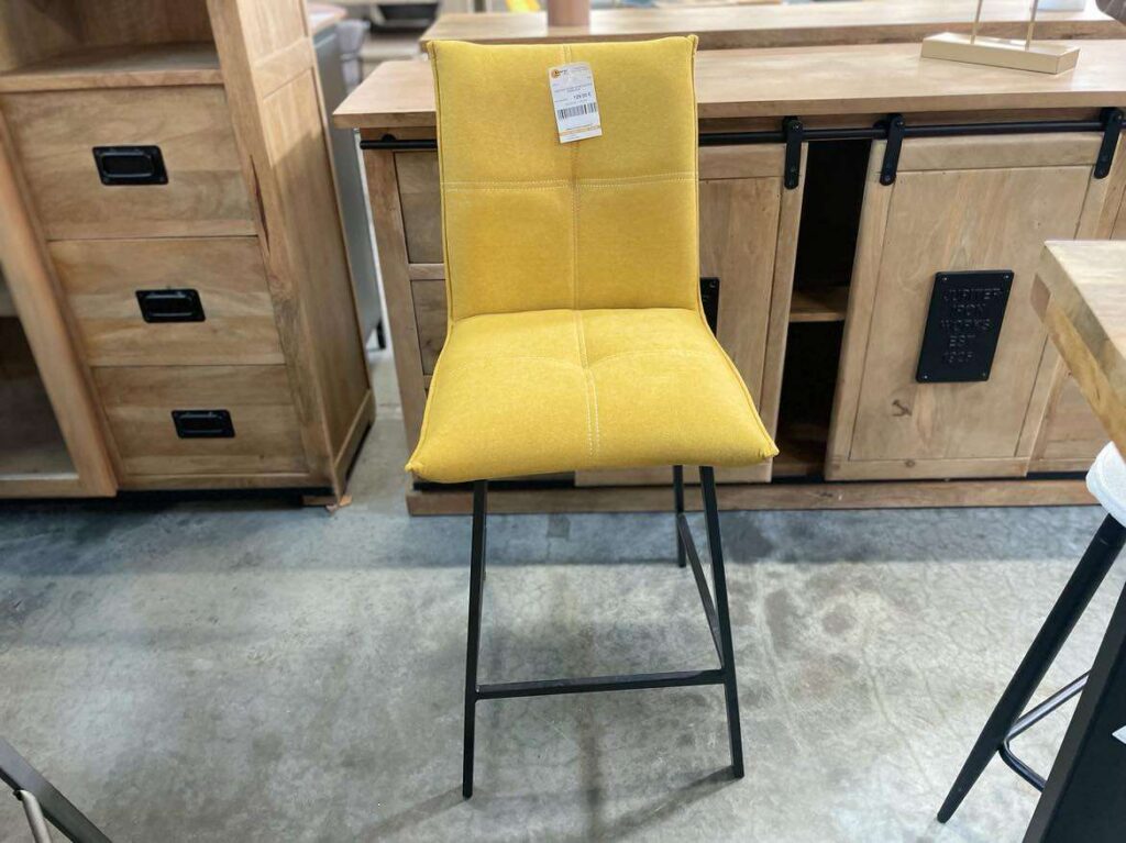 TABOURET DE BAR TISSU JAUNE PIEDS MÉTAL - HAUTEUR ASSISE 65CM
