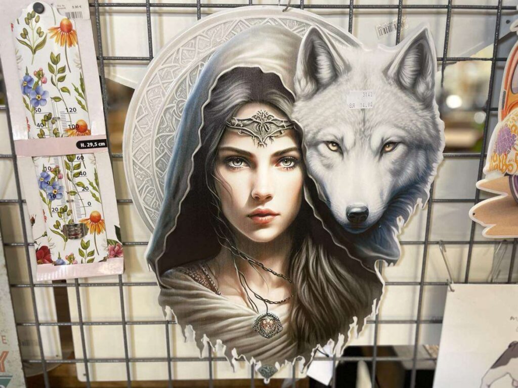 PLAQUE METAL FEMME AVEC LOUP BLANC