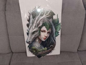 PLAQUE METAL FEMME AVEC DRAGON VERT ANNEXE MEUBLE DECO