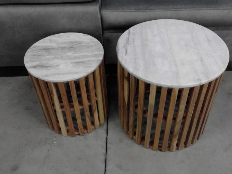 LOT DE 2 TABLES BASSES MANGUIER ET MARBRE BLANC DIAM.47+36