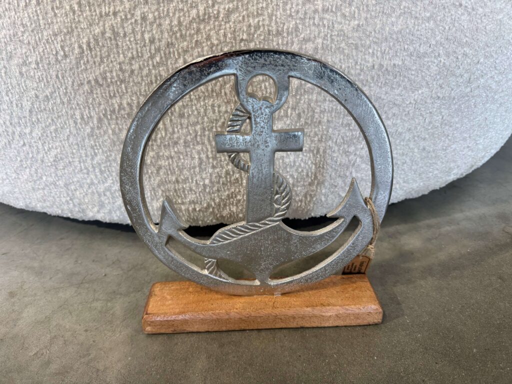 ANCRE OU ROSE DES VENTS MÉTAL SUR SOCLE BOIS H.25CM