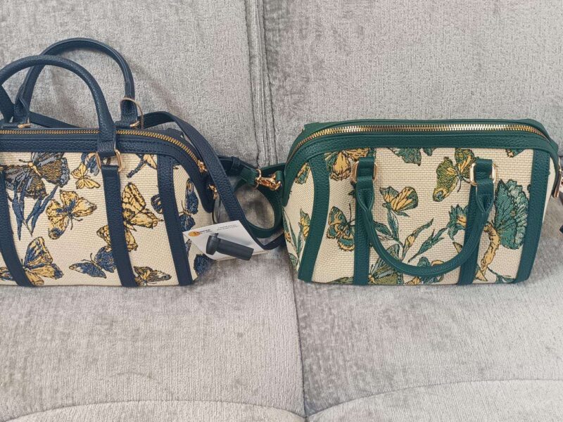 SAC À MAIN BOWLING PM MOTIF PAPILLONS BLEU MARINE OU VERT