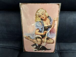 PLAQUE MÉTAL 20X30CM - PIN UP AVEC CHAT