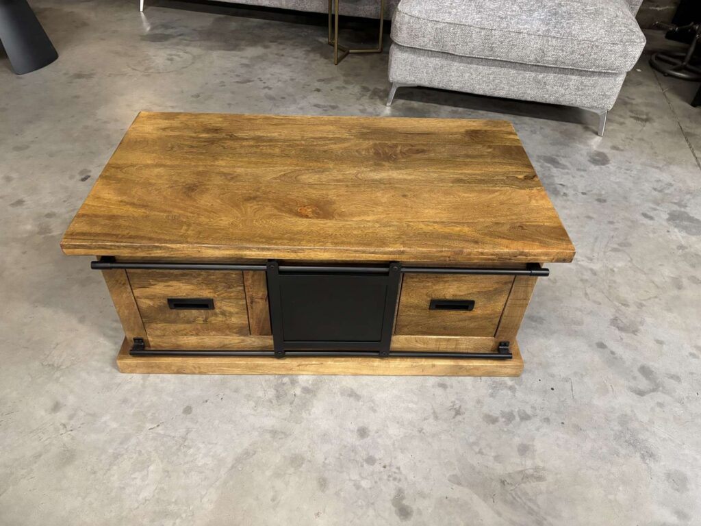 TABLE BASSE 1 PORTE COULISSANTE + 2 TIROIRS MANGUIER MASSIF ET MÉTAL N