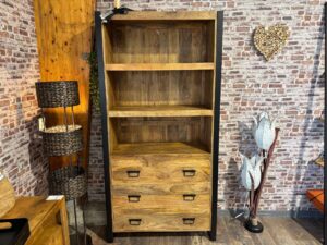 BIBLIOTHÈQUE - ÉTAGÈRE AVEC 3 TIROIRS MANGUIER MASSIF