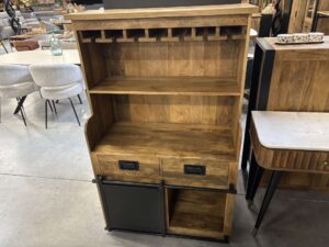 MEUBLE BAR 1 PORTES + 2 TIR + RANGE VERRES MANGUIER MASSIF ET MÉTAL N.