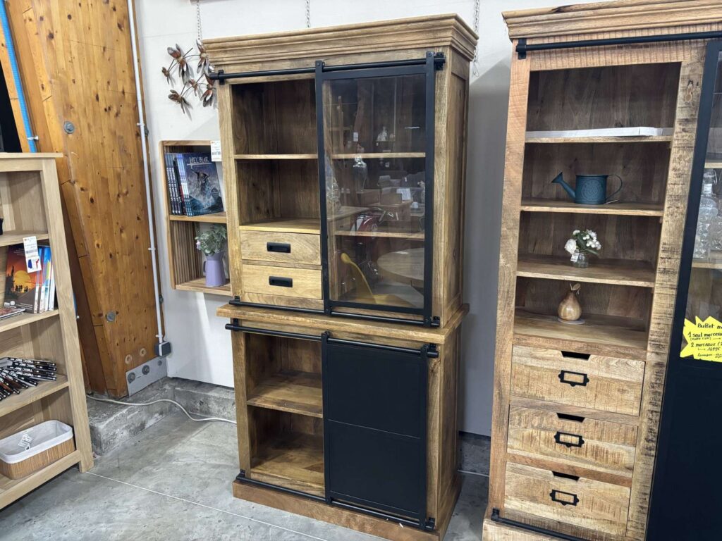 BUFFET 2 CORPS 100CM - 2PTES + 5 TIROIRS MANGUIER MASSIF ET MÉTAL NOIR