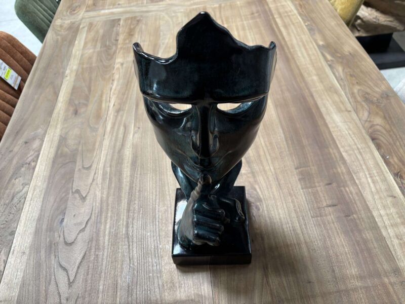 MASQUE SUR SOCLE "CHUT" NOIR ET PATINÉ VERT EN RÉSINE