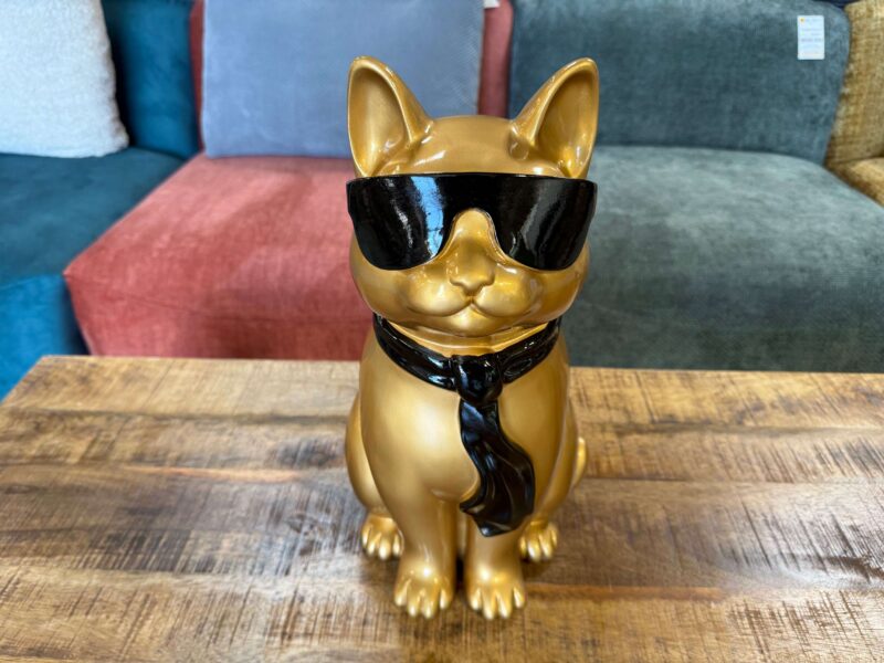 CHAT À LUNETTES DORÉ ET NOIR EN RÉSINE