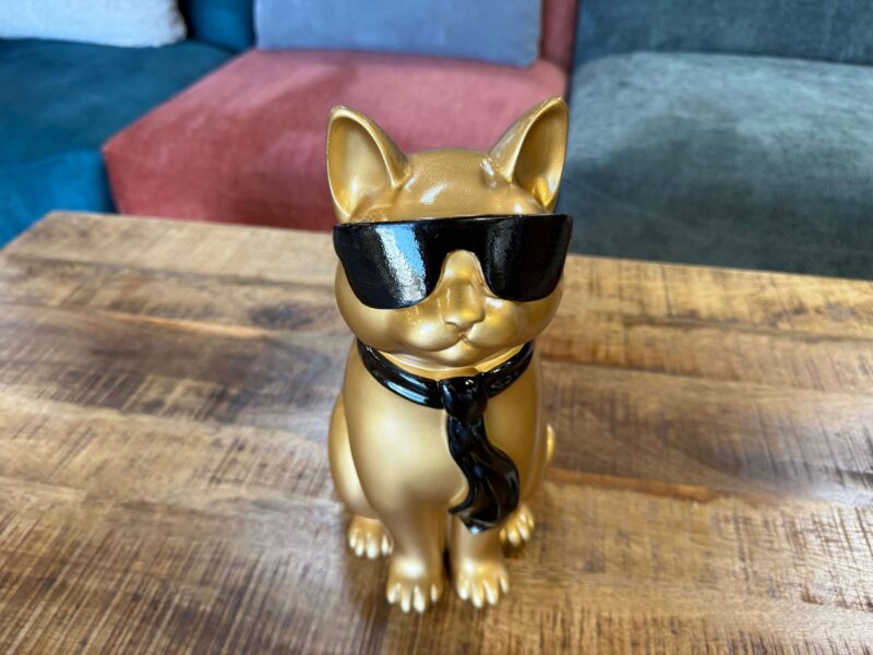 CHAT À LUNETTES DORÉ ET NOIR EN RÉSINE PM