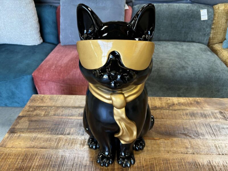 CHAT À LUNETTES NOIR ET DORÉ GM EN RÉSINE