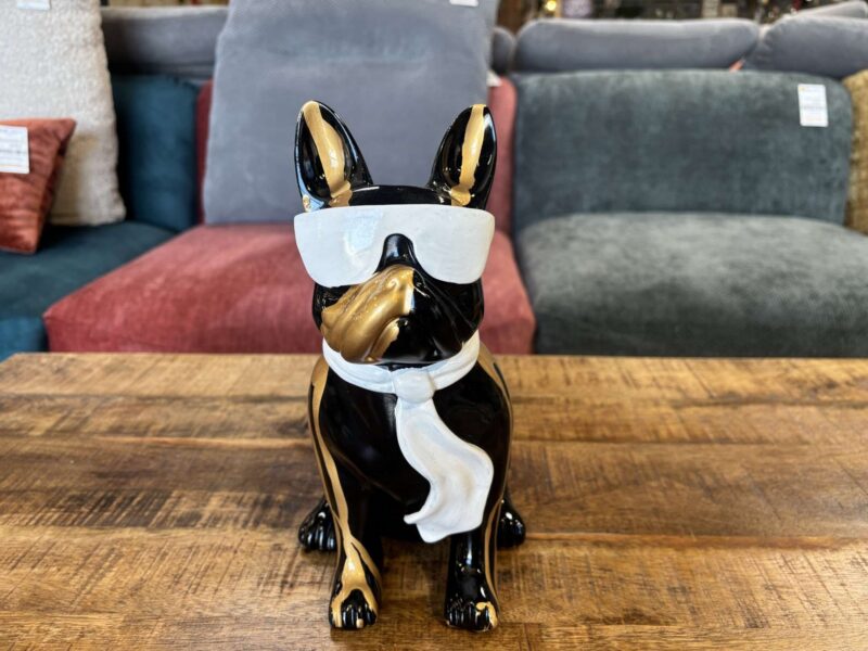 BOULEDOGUE À LUNETTES NOIR - BLANC COULURES DORÉES EN RÉSINE