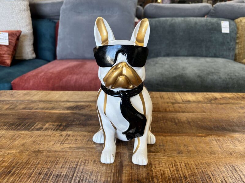 BOULEDOGUE À LUNETTES BLANC - NOIR COULURES DORÉES EN RÉSINE