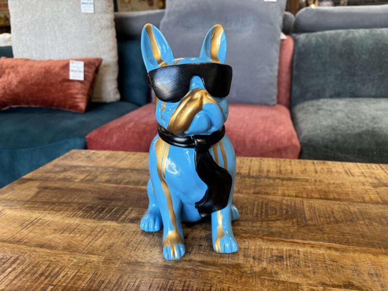 BOULEDOGUE À LUNETTES BLEU - NOIR COULURES DORÉES EN RÉSINE