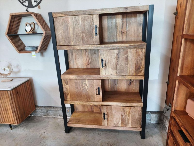 MEUBLE DE RANGEMENT 4 PORTES + 4 NICHES MANGUIER ET MÉTAL NOIR