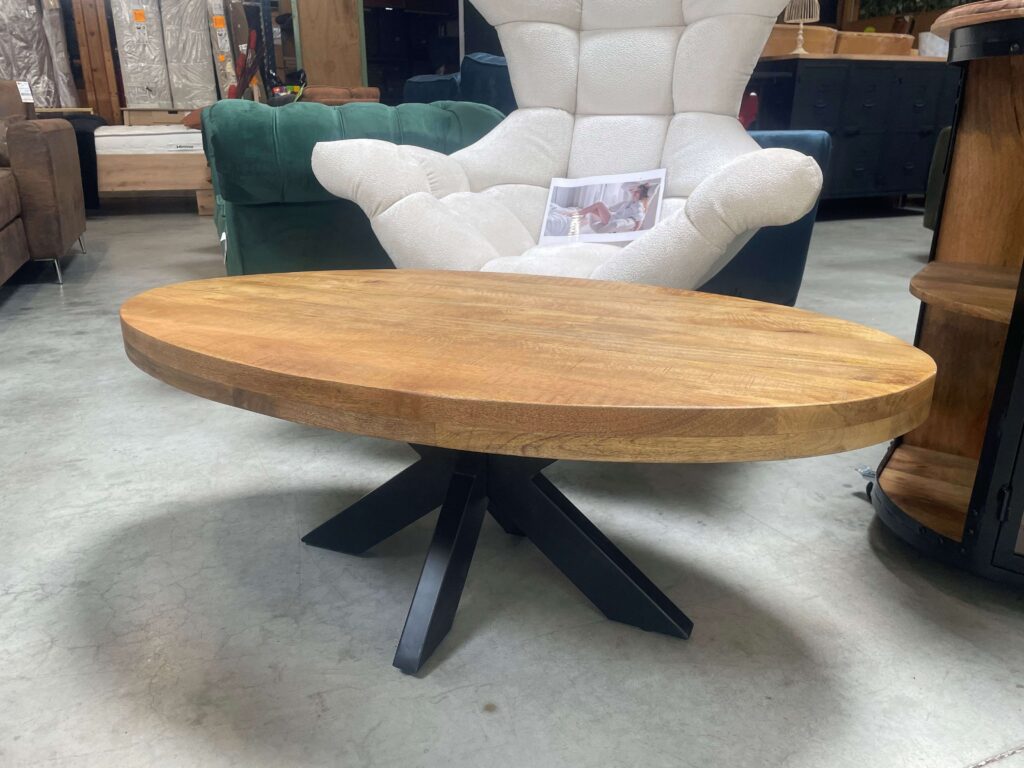 TABLE BASSE OVALE MANGUIER MASSIF - PIED METAL NOIR ARAIGNÉE - ANNEXE