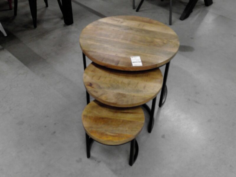 SET DE 3 TABLES GIGOGNES RONDES MANGUIER PIEDS MÉTAL NOIR