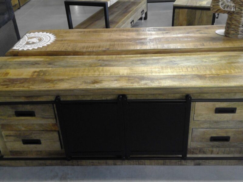 MEUBLE TV MANGUIER MASSIF ET MÉTAL NOIR 2 PORTES + 4 TIROIRS L.160CM