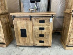 MEUBLE D'APPOINT LOCO MANGUIER ET MÉTAL 1 PORTE + 4 TIROIRS