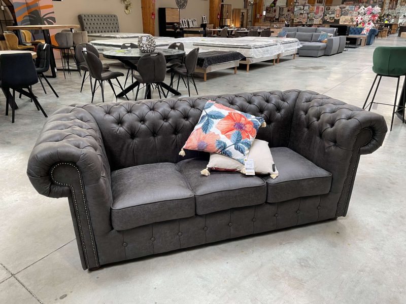 CANAPÉ 3 PLACES CHESTERFIELD TISSU MICROFRIBRE GRIS